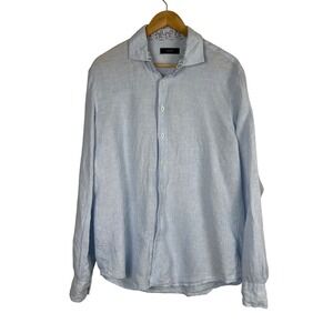 Nove Mens Linen Long Sleeve Button Down Shirt Light Blue Floral Trim Size L